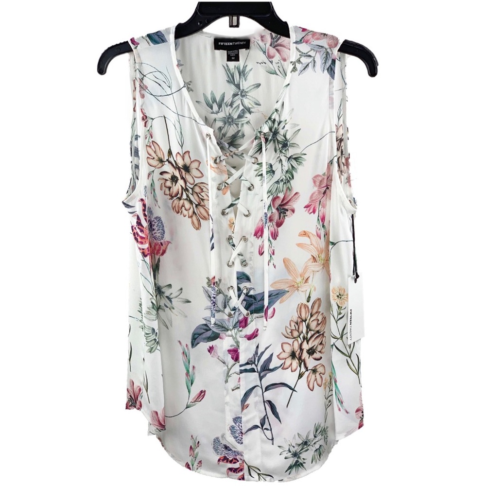 Floral Lace Up Sleeveless Top by Fifteen Twenty - Picture 2 of 4